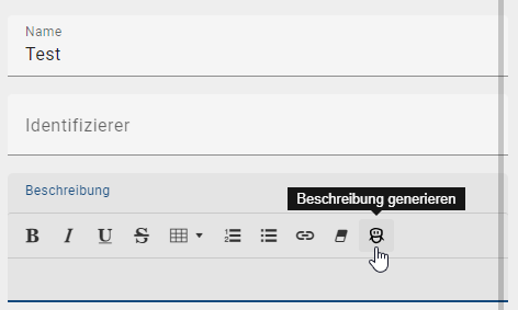 Der Screenshot zeigt die Aktivierung der Schaltfläche zur Erstellung einer KI-generierten Beschreibung.