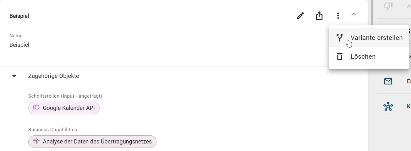 Der Screenshot zeigt die Option von einer vorhandenen Kontextreferenz eine Variante zu erstellen.