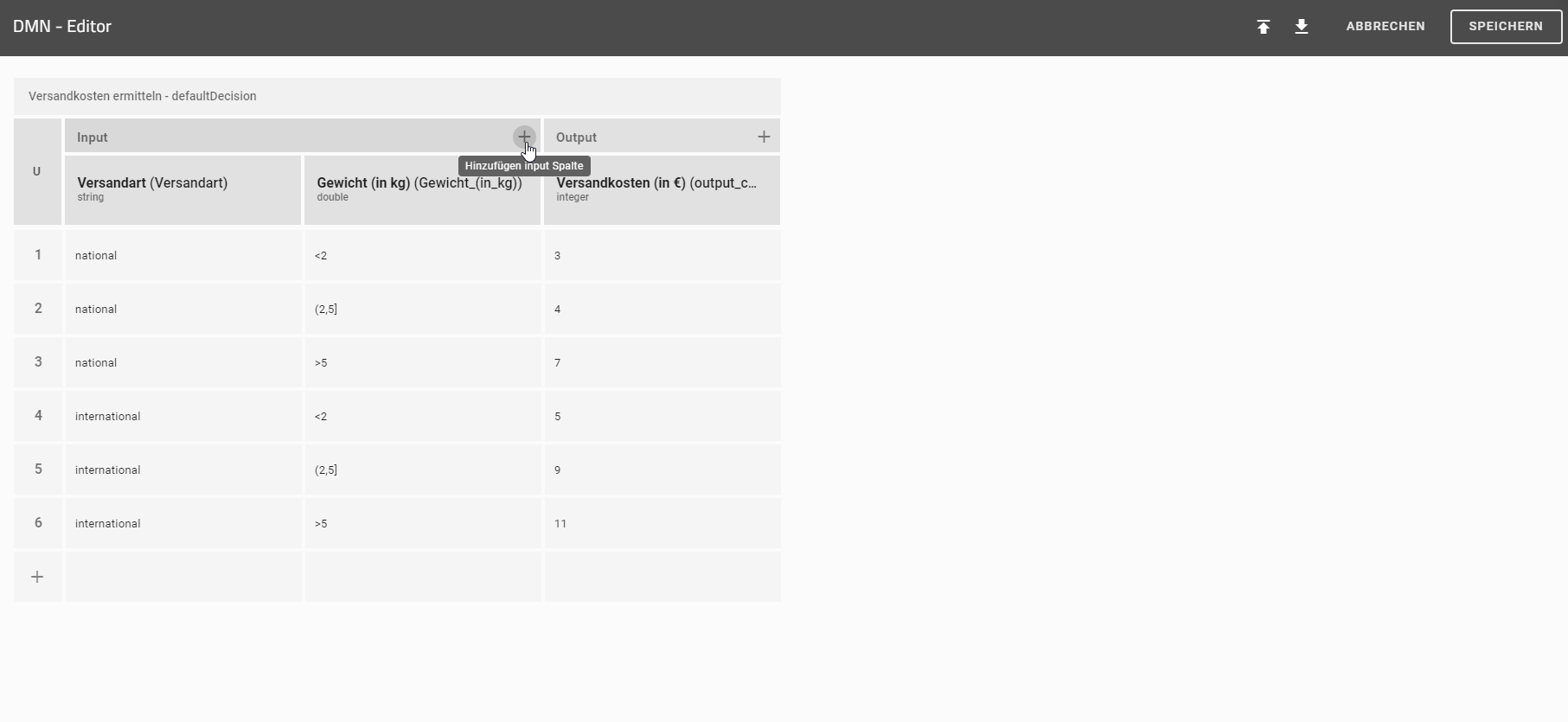 Der Screenshot zeigt die Schaltfläche mit dem "Plus" Symbol neben der Spaltenüberschrift "Input".