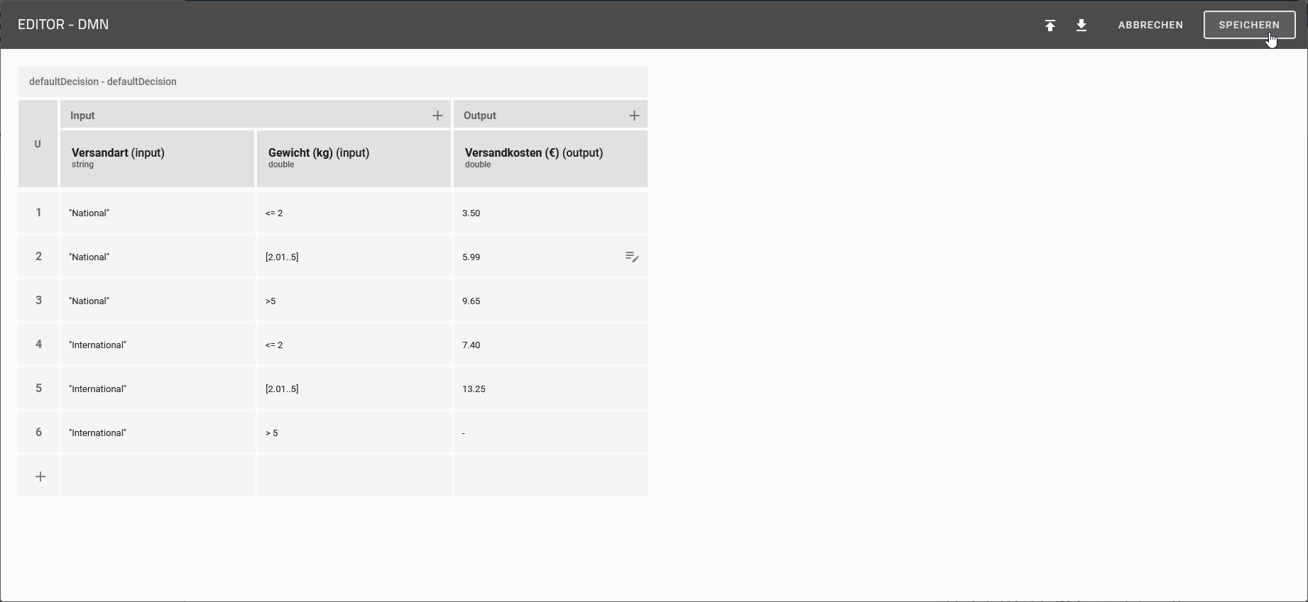 Das Symbol zum Schließen des DMN Editors wird angezeigt.