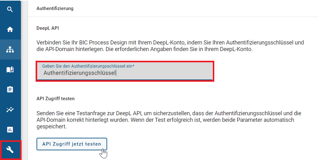 Der Screenshot zeigt die Authentifizierung der DeepL API in der Administration.