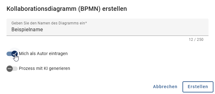 Der Screenshot zeigt den Schalter, mit dem Sie sich beim Erstellen eines Diagramms als Autor zuweisen können.
