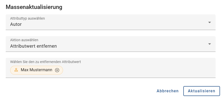 Der Screenshot zeigt das Dialogfenster zum Entfernen eines Attributwerts für die Massenaktualisierung.