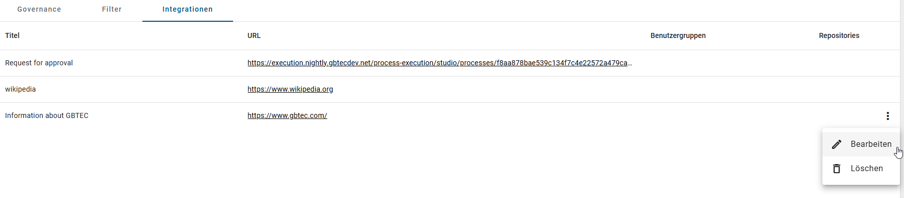 Der Screenshot zeigt die Schaltfläche "Bearbeiten", mit der Sie eine Integration bearbeiten können.