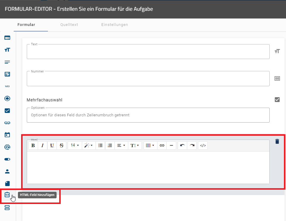 Der Screenshot zeigt die Detailübersicht des Formularfelds HTML.