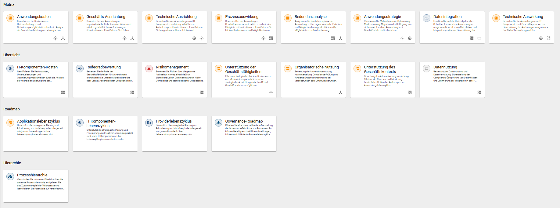 Der Screenshot zeigt die Auswahl an Kacheln, wenn Sie den Menüeintrag "Insights" in der linken Menüleiste auswählen.