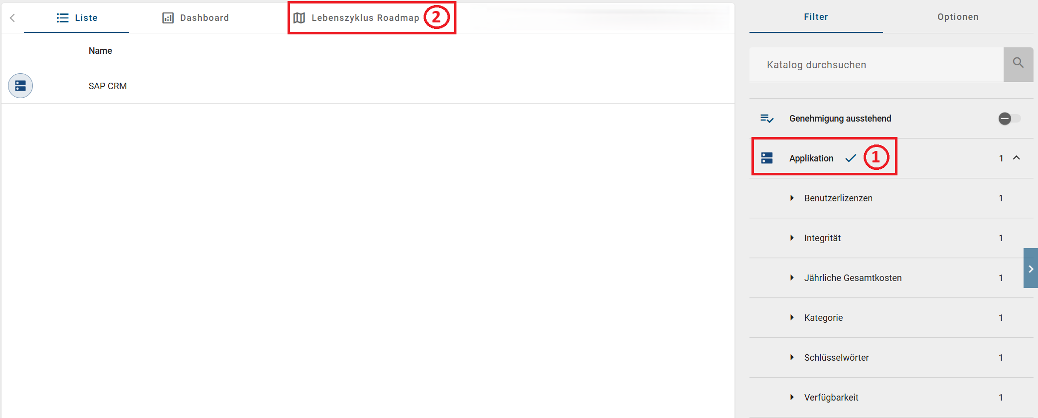 Der Screenshot zeigt die Oberfläche um die Roadmap zu öffnen.