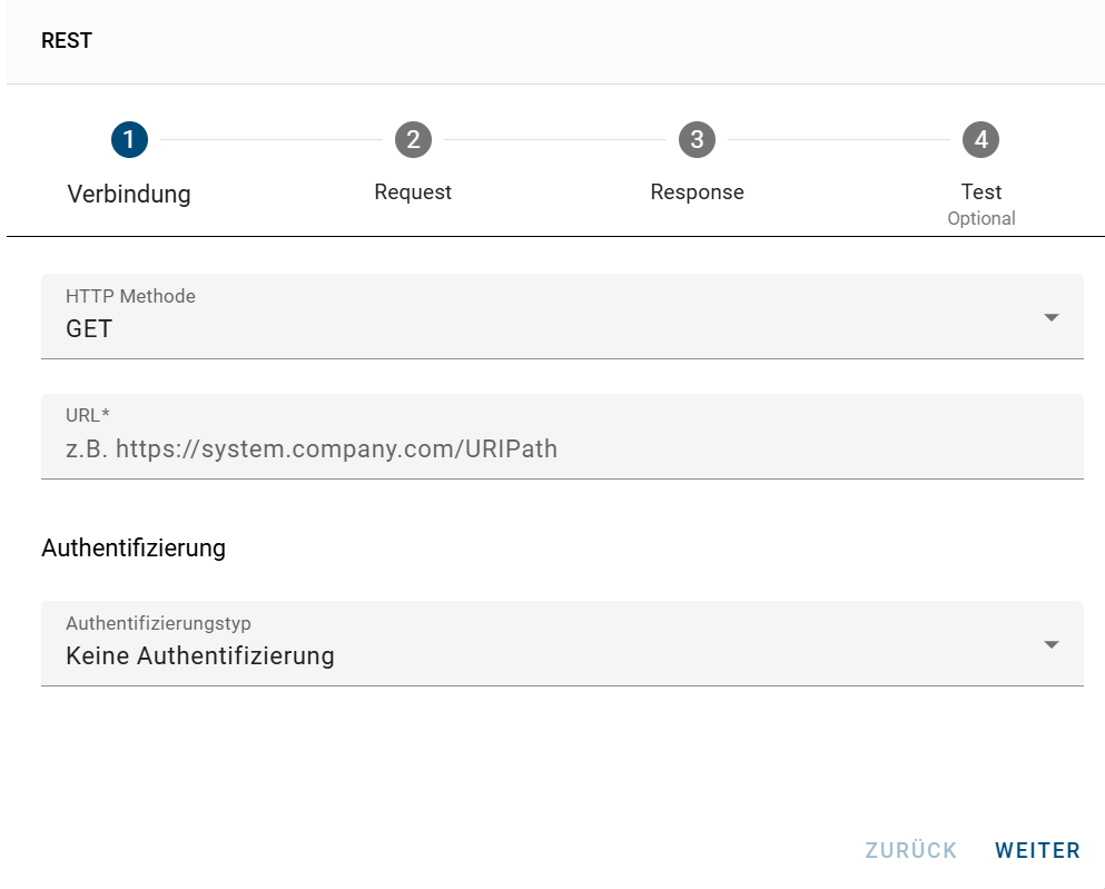 Der Screenshot zeigt das Dialogfenster "REST Konfiguration", in dem der erste Schritt "Verbindung" definiert werden kann.