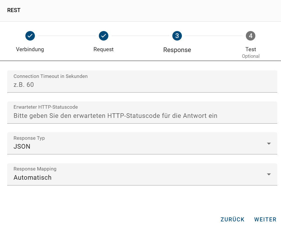 Der Screenshot zeigt das Konfigurieren der "Response".