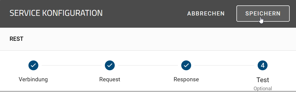 Hier werden die Buttons "Abbrechen" und "Speichern" in der Kopfleiste der REST Konfiguration gezeigt.