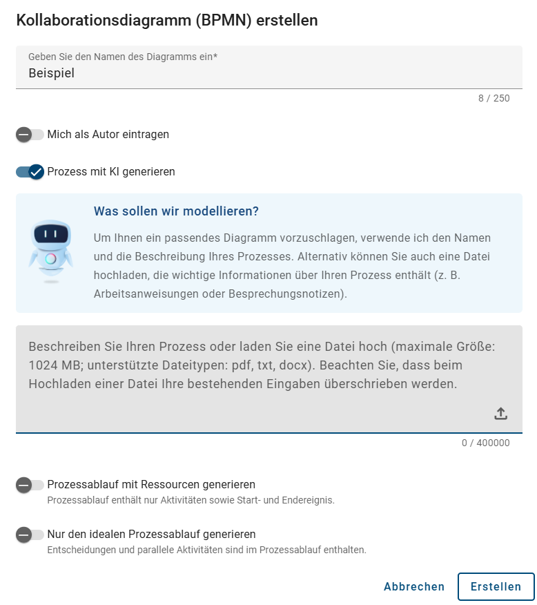 Der Screenshot zeigt das Dialogfenster für das Erstellen eines Kollaborationsdiagramm (BPMN) mit der aktivierten Option "KI-generierten Prozessentwurf vorschlagen".