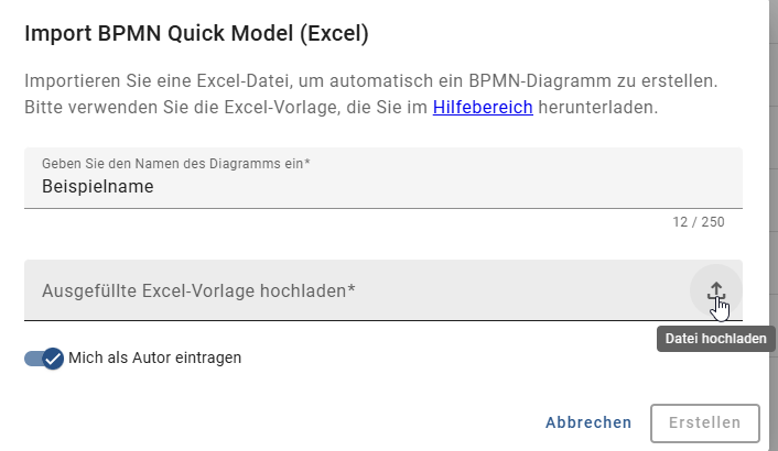 Der Screenshot zeigt das Dialogfenster für die Option "Import BPMN Quick Model (Excel)".