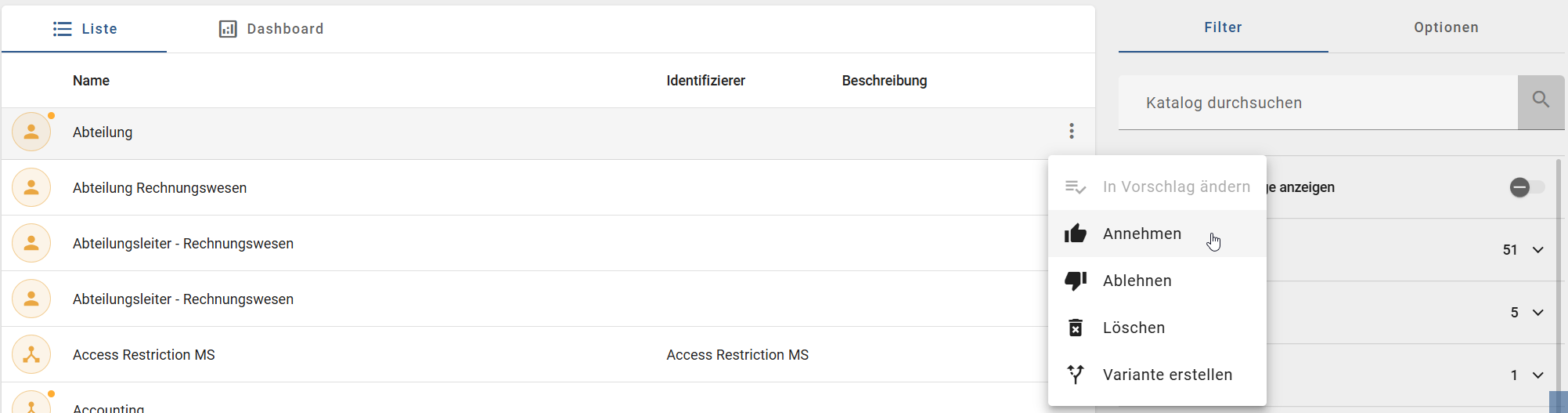 Dieser Screenshot zeigt die Option "Annehmen" in den Optionen eines Katalogeintrags.