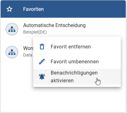 Der Screenshot zeigt die Option "Benachrichtigung aktivieren" im Kontextmenü des persönlichen Diagrammfavoriten.