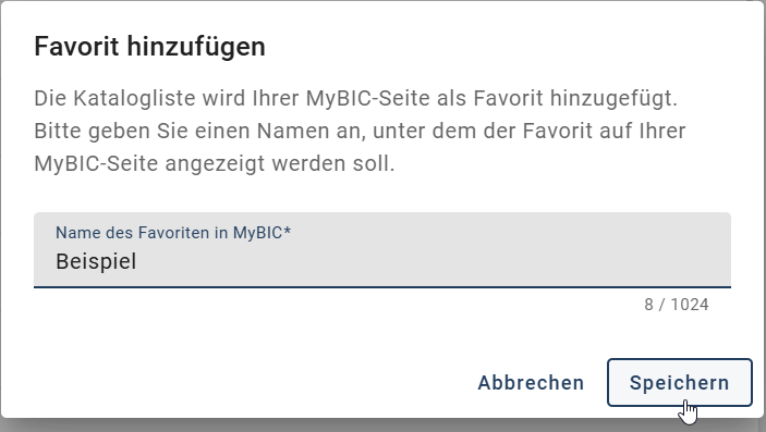 Der Screenshot zeigt das Dialogfenster für das favorisieren einer Katalogliste.