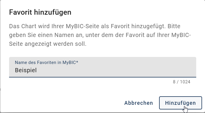 Der Screenshot zeigt das Dialogfenster für das Favorisieren eines Dashboardes.