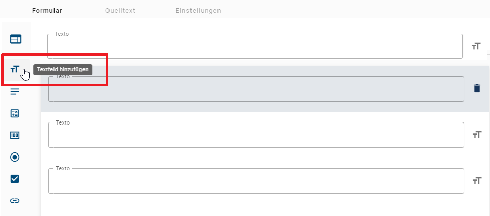 Der hier aufgeführte Screenshot zeigt wie ein neues Formularfeld der Liste durch Klicken hinzugefügt wird.