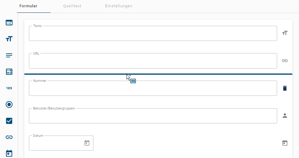 Der hier aufgeführte Screenshot zeigt wie ein neues Formularfeld der Liste durch Drag & Drop hinzugefügt wird.