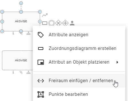Der Screenshot zeigt den Eintrag "Freiraum einfügen/entfernen" im Kontextmenü.