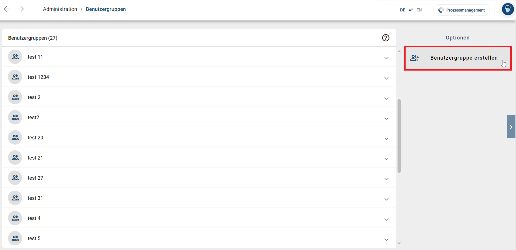 Der Screenshot zeigt die Option "Benutzergruppe erstellen" im Optionsbereich.