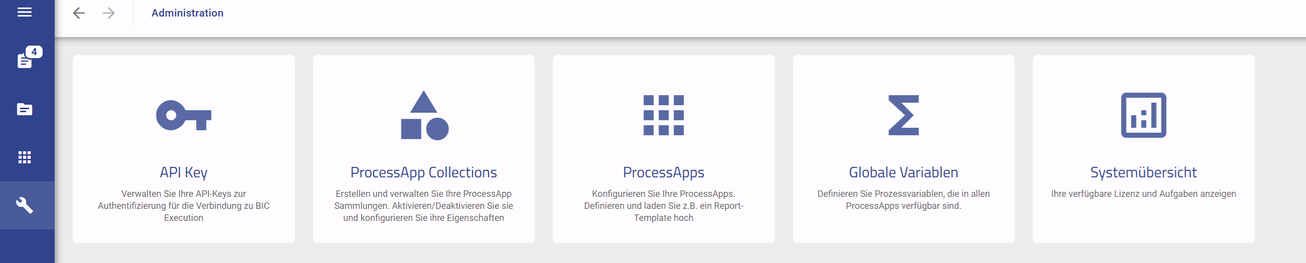 Der Screenshot zeigt eine Übersicht aller Optionen im Menü *Administration*.