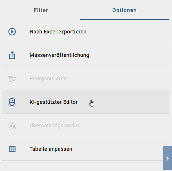 Der Screenshot zeigt die Option "AI Katalog-Editor" im Optionsbereich.