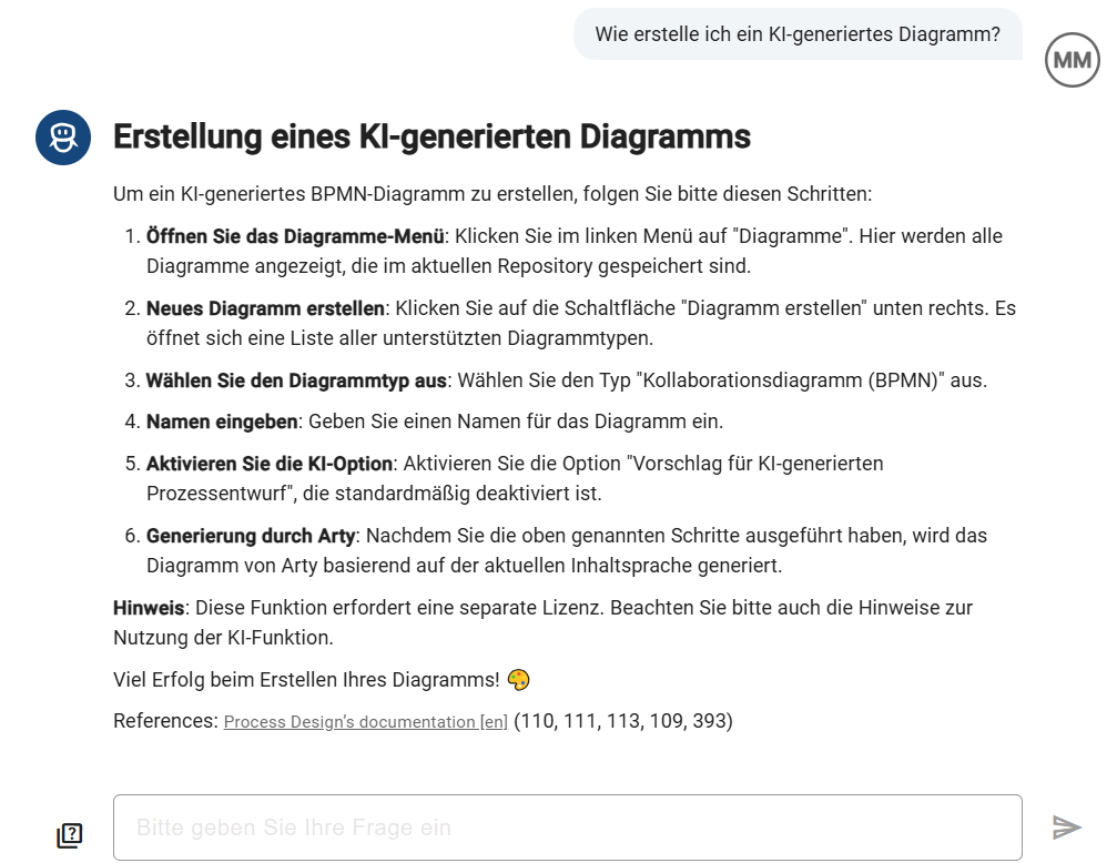 Der Screenshot zeigt wie Arty auf eine Nachricht antwortet.