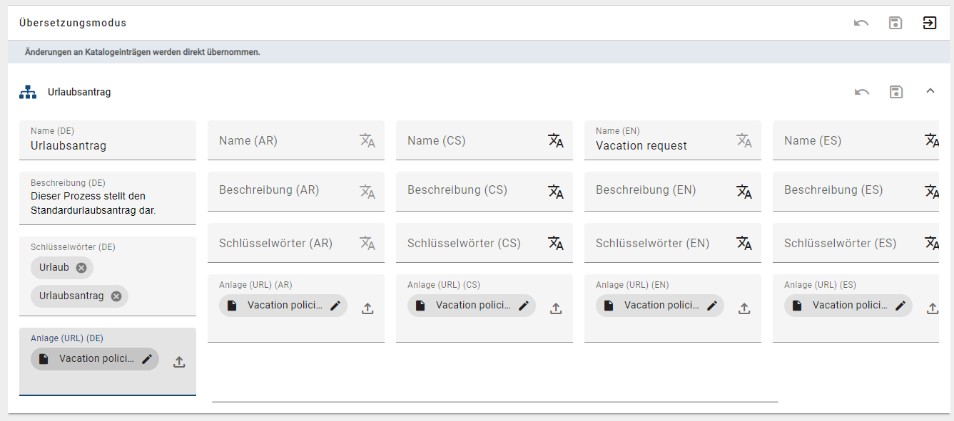 Dieser Screenshot zeigt den Überblick über die Attribute im Übersetzungsmodus.