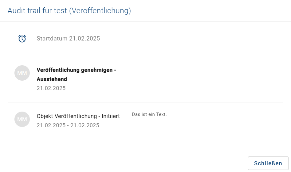 Hier wird der Audit trail für die Veröffentlichung eines Diagramms gezeigt.