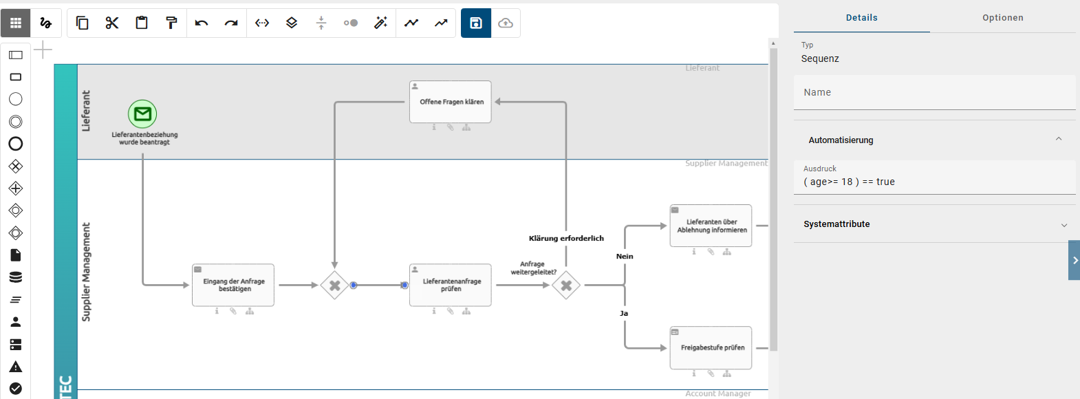 Hier wird das Attribut "Ausdruck" in BIC Process Design gezeigt, in dem Sie Ausdrücke für eine automatisierte Entscheidungsfindung in BIC Process Execution angeben können.