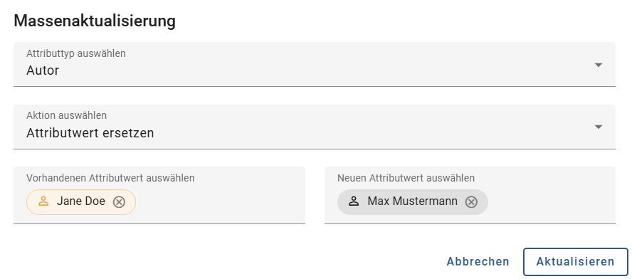 Der Screenshot zeigt das Dialogfenster für die Massenaktualisierung.