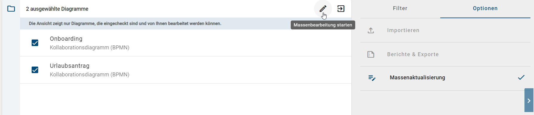 Der Screenshot zeigt die Option "Massenaktualsierung starten", nachdem Diagramme im Massenaktualisierungsmodus ausgewählt wurden.