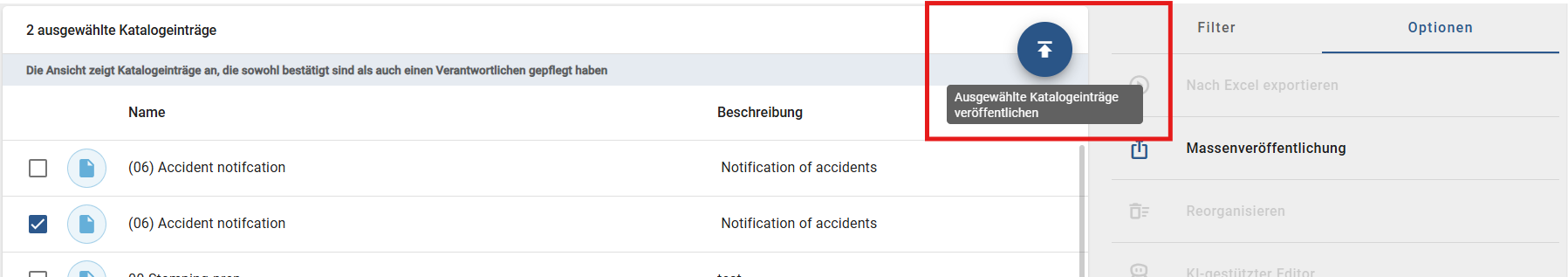 Hier ist der Button zum Veröffentlichen der ausgewählten Einträge in der Katalogliste dargestellt.