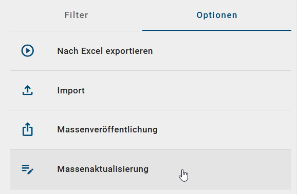 Der Screenshot zeigt die Option "Massenaktualisierung" in der Katalogansicht.