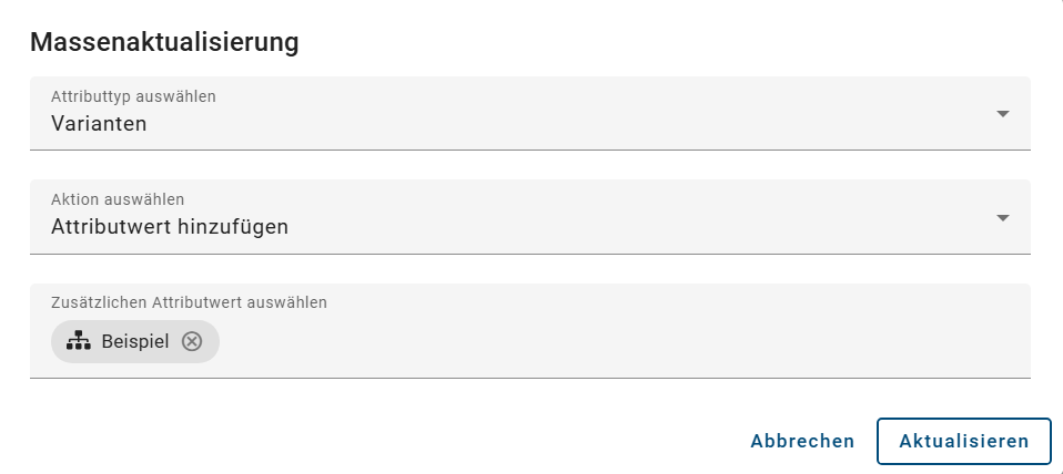 Der Screenshot zeigt, wie ein Attributwert in der Massenaktualisierung hinzugefügt werden kann.