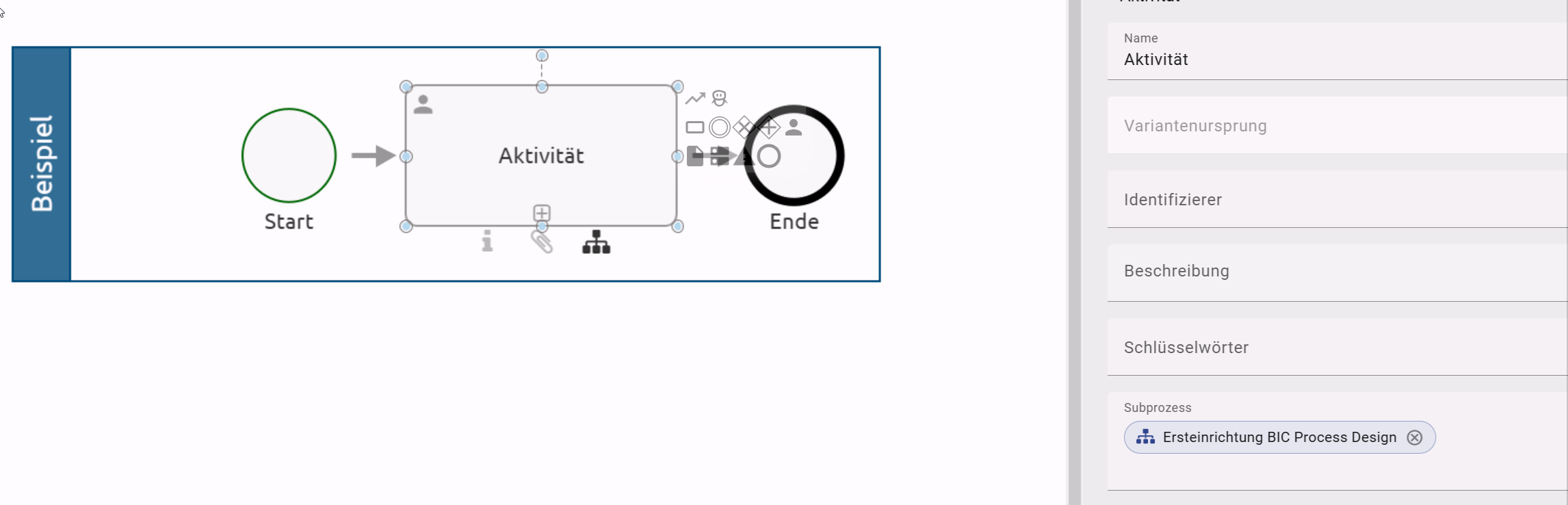 Der Screenshot zeigt die Detailsicht und das Attribut "Subprozess" einer Aufrufaktivität.
