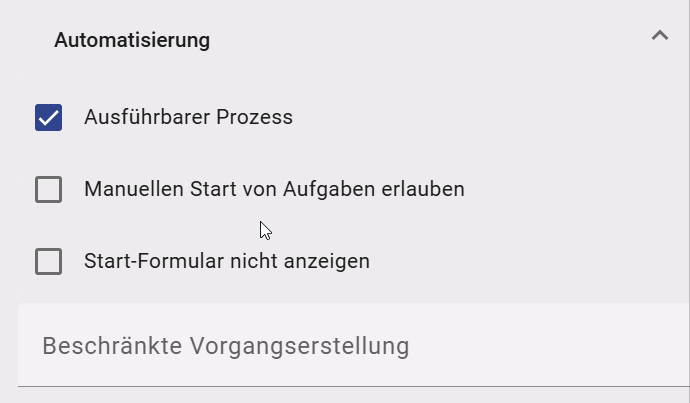 Der Screenshot zeigt Ihnen das Attribut "beschränkte Vorgangserstellung" in den Details eines Diagramms.