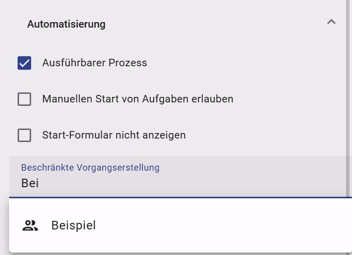 Hier wird die Vorschlagsliste nach Eingabe einiger Zeichen in das Attribut "beschränkte Vorgangserstellung" gezeigt.