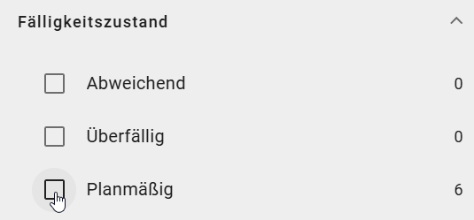 Der Screenshot zeigt die Facette "Fälligkeitszustand" mit den drei Zuständen "Abweichend", "Überfällig" und "Planmäßig" im Filter einer Vorgangsliste.