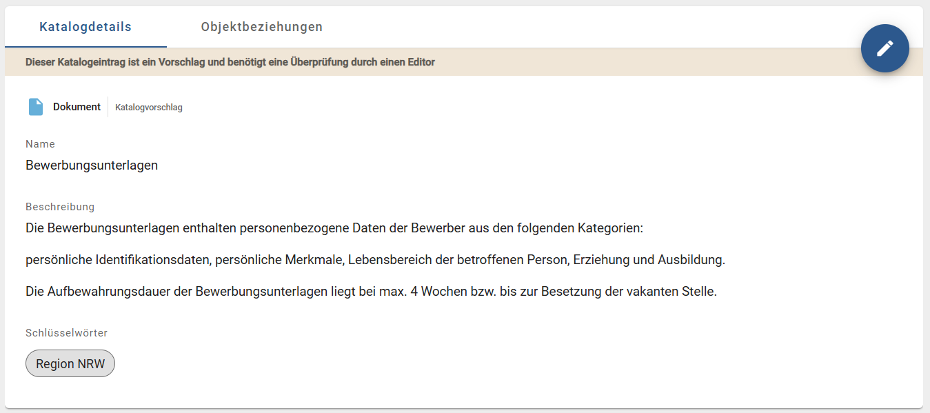 Dieser Screenshot zeigt das Banner, welches signalisiert, dass ein Katalogeintrag noch nicht überprüft wurde.