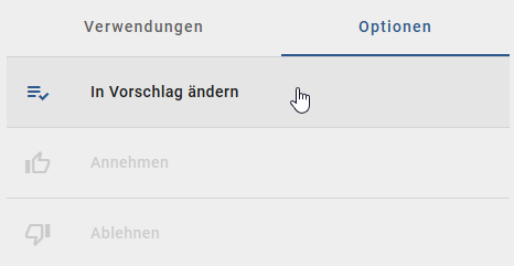 Der Screenshot zeigt das Optionsmenü eines Katalogeintrages.