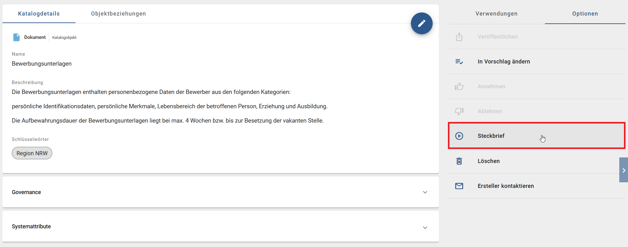 Der Screenshot zeigt die Schaltfläche "Bericht erstellen" im "Steckbrief"-Eintrag der Optionen Registerkarte.