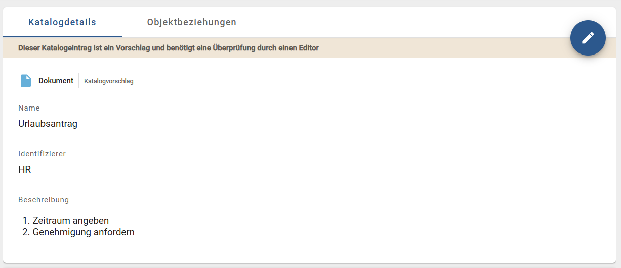 Der Screenshot zeigt die Details eines Katalogeintrags vom Typ Dokument, welches eine geordnete Liste im Attribut "Beschreibung" beinhaltet.