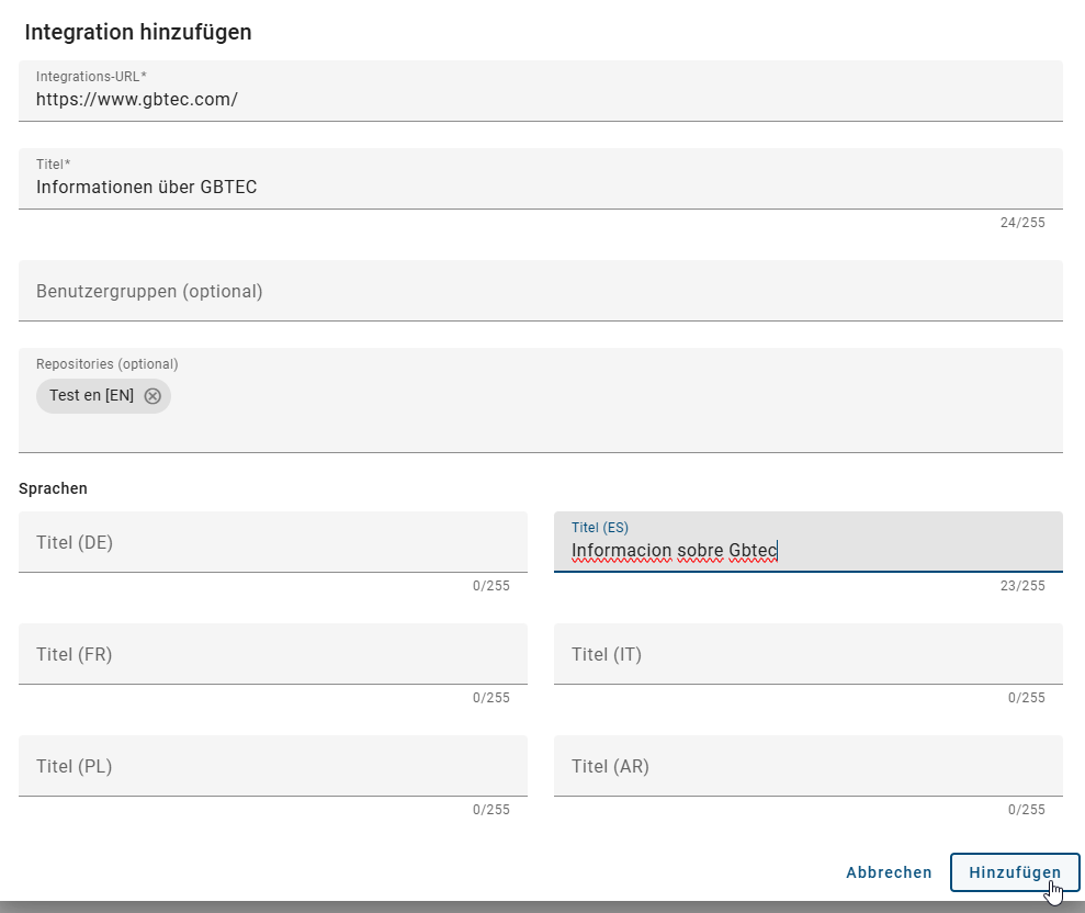 Der Screenshot zeigt das Dialogfenster zur Erstellung einer neuen Integration.
