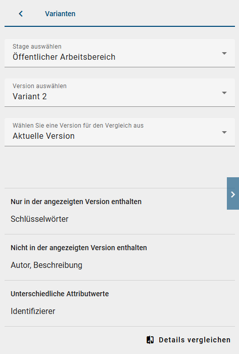 Der Screenshot zeigt die Unterschiede zwischen der ausgewählten Katalogvariante und dem aktiven Katalogobjekt im Bereich "Varianten" für ein Katalogobjekt.