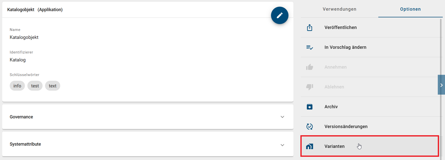 Der Screenshot zeigt die Option "Varianten" in dem Reiter "Optionen" eines Katalogobjekts.