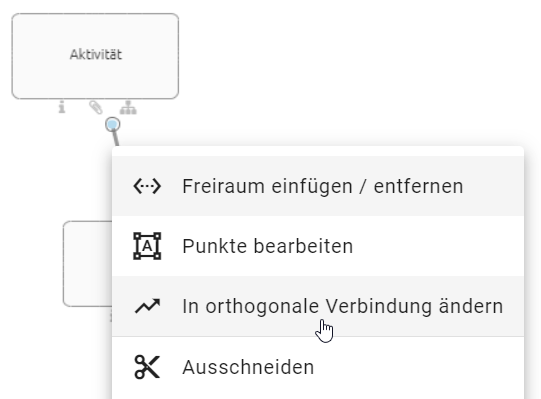 Der Screenshot zeigt die Schaltfläche "In orthogonale Verbindung ändern" im Kontextmenü einer Verbindung.