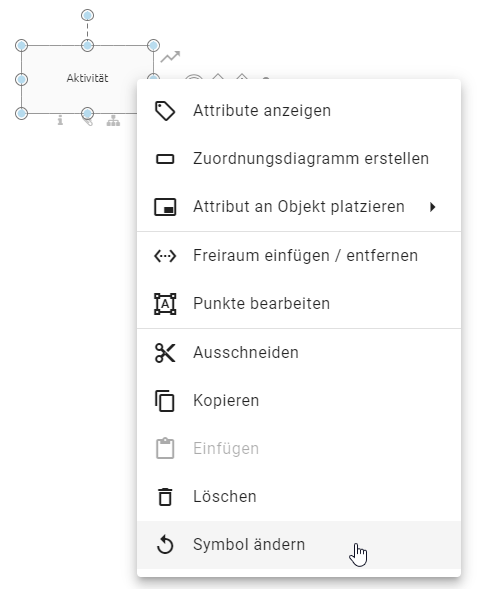 Der Screenshot zeigt das Kontext Menü einer Aktivität. Der Courser liegt dabei über der Option Symbol ändern.