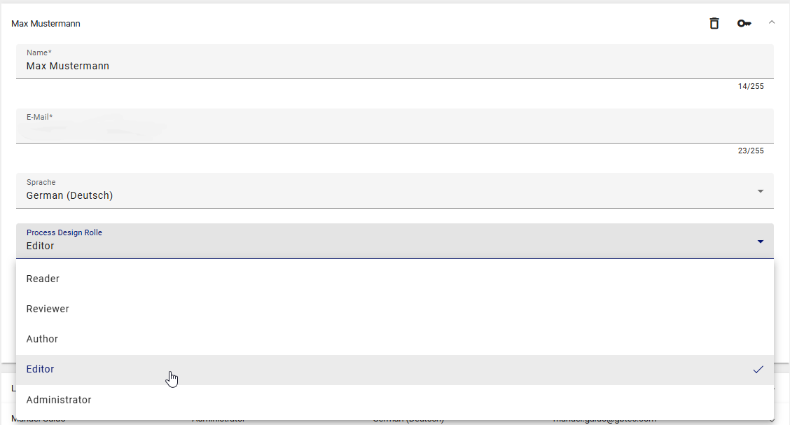 Hier werden Benutzerrolleneinstellungen im Administrationsbereich angezeigt.