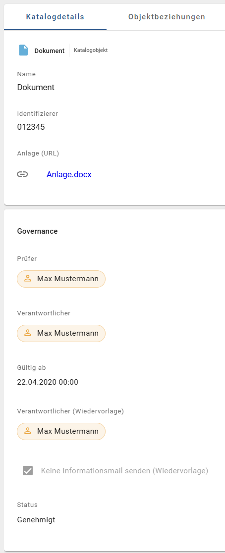 Dieser Screenshot zeigt die Attribute eines Dokuments in der Detailansicht des Katalogs.